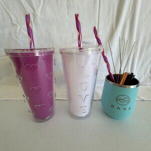 Set of 3 Reusable Tumblers with Straws and Straw Cleaners